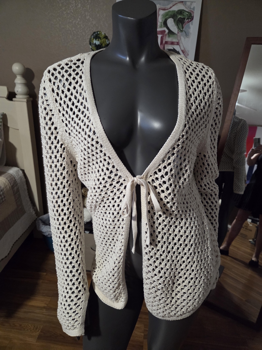 American Eagle Outfitters Open-Knit Tie-Front Cardigan - Cream